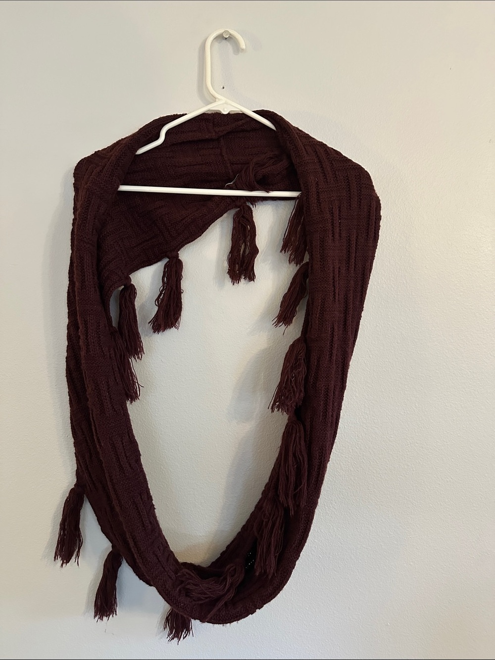 Circular Fringe Knit Scarf in Burgundy